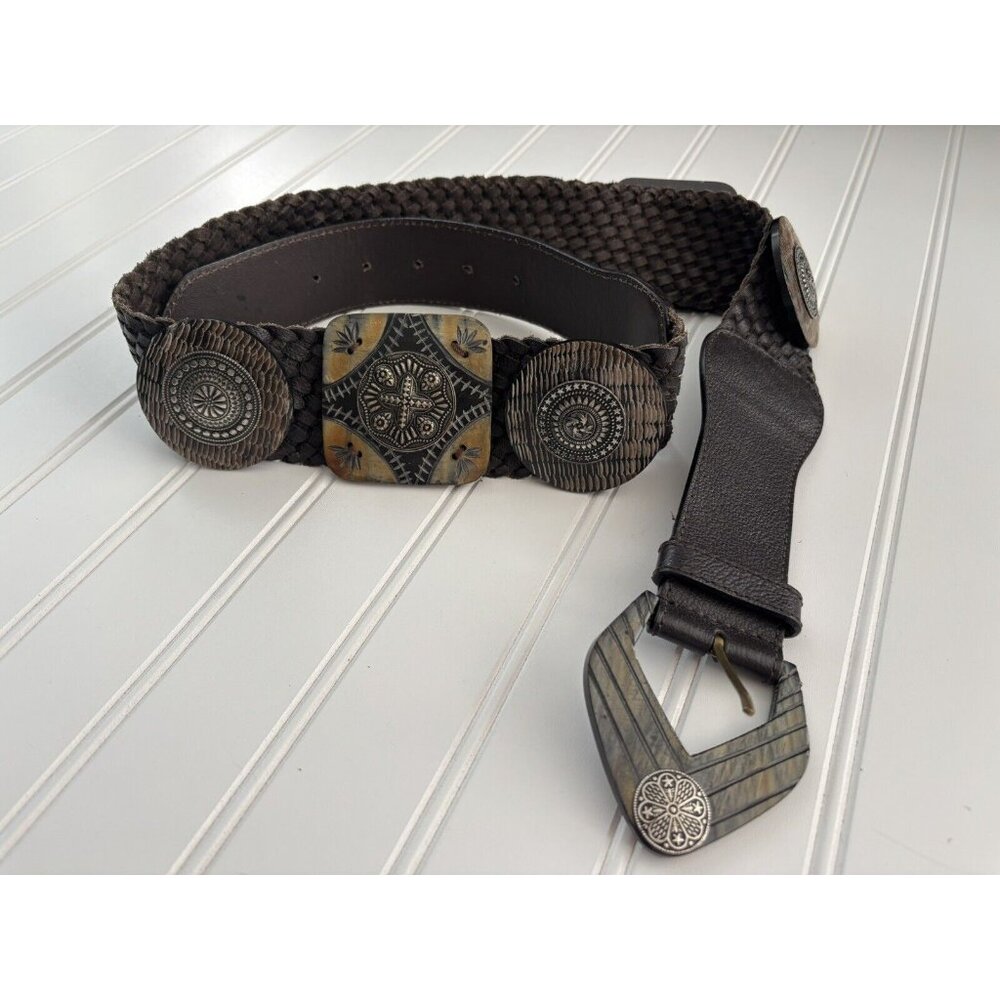 Chico’s Braided Leather Medallion Statement Wide Belt (Size M) Made In India